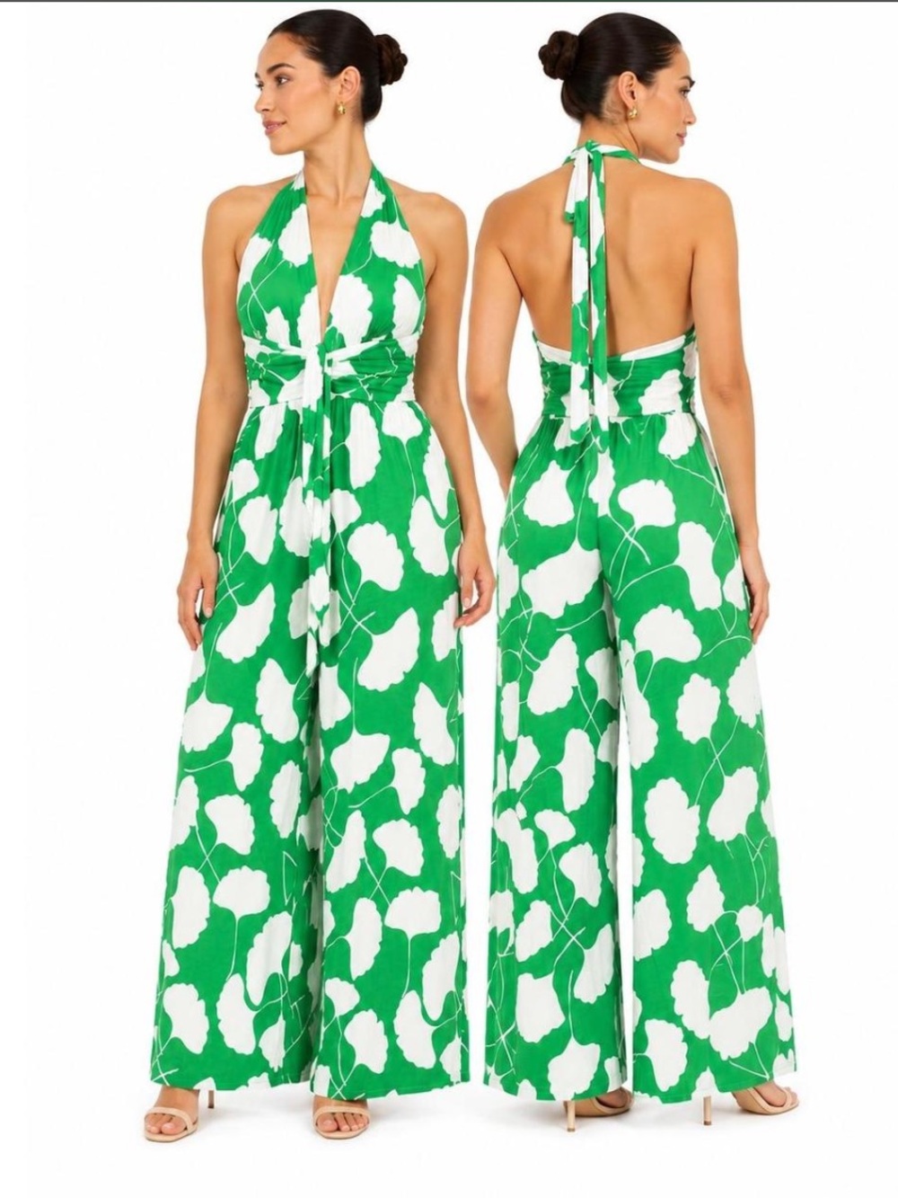 Diane Von Furstenberg Green and White Halter Floral Wide-Leg Jumpsuit